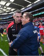 25 June 2022; Derry manager Rory Gallagher, left, and Clare manager Colm Collins after the GAA Football All-Ireland Senior Championship Quarter-Final match between Clare and Derry at Croke Park, Dublin. Photo by David Fitzgerald/Sportsfile