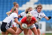25 June 2022; Katie Quirke of Cork in action against Waterford players Megan Dunford left, and Hannah Power during the TG4 All-Ireland SFC Group D Round 3 match at MW Hire O’Moore Park in Portlaoise, Co Laois. Photo by Michael P Ryan/Sportsfile