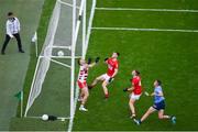 25 June 2022; Cork players, left to right, Michéal Aodh Martin, Seán Powter, and Kevin O'Donovan and Cormac Costello of Dublin wait for the ball to come back down after hitting the crossbar during the GAA Football All-Ireland Senior Championship Quarter-Final match between Dublin and Cork at Croke Park, Dublin. Photo by Daire Brennan/Sportsfile