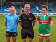 25 June 2022; Referee Brendan Rice with captains Carla Rowe of Dublin, left, and Kathryn Sullivan of Mayo during the TG4 All-Ireland SFC Group A Round 3 match between Dublin and Mayo at MW Hire O’Moore Park in Portlaoise, Co Laois. Photo by Michael P Ryan/Sportsfile
