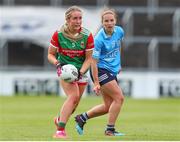 25 June 2022; Ciara Needham of Mayo in action against Orlagh Nolan of Dublin during the TG4 All-Ireland SFC Group A Round 3 match between Dublin and Mayo at MW Hire O’Moore Park in Portlaoise, Co Laois. Photo by Michael P Ryan/Sportsfile