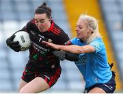 25 June 2022; Mayo goalkeeper Aisling Tarpey of Mayo in action against Nicole Owens of Dublin during the TG4 All-Ireland SFC Group A Round 3 match between Dublin and Mayo at MW Hire O’Moore Park in Portlaoise, Co Laois. Photo by Michael P Ryan/Sportsfile