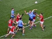25 June 2022; Niall Scully, left, and Tom Lahiff of Dublin in action against Brian Hayes, left, and Colm O'Callaghan of Cork during the GAA Football All-Ireland Senior Championship Quarter-Final match between Dublin and Cork at Croke Park, Dublin. Photo by Daire Brennan/Sportsfile