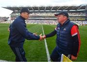 25 June 2022; Dublin manager Dessie Farrell, left, and Cork manager John Cleary shake hands after the GAA Football All-Ireland Senior Championship Quarter-Final match between Dublin and Cork at Croke Park, Dublin. Photo by David Fitzgerald/Sportsfile