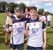 25 June 2022; Nwe York players Michael Dermody, left, and Tomás Mathers, celebrate after winning the Division 4 Plate Final during the John West Féile na nGael National Camogie and Hurling Finals at Boardsmill GAA Club in Meath. Photo by Daire Brennan/Sportsfile