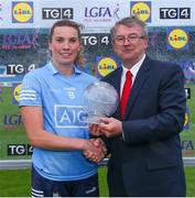 25 June 2022; Jennifer Dunne of Dublin receives the Player of the Match award from Con Moynihan, LGFA Vice-President, following the TG4 All-Ireland SFC Group A Round 3 fixture between Dublin and Mayo at MW Hire O’Moore Park, Portlaoise. Co. Laois. Photo by Michael P Ryan/Sportsfile