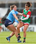 25 June 2022; Kathryn Sullivan of Mayo in action against Jennifer Dunne of Dublin during the TG4 All-Ireland SFC Group A Round 3 match between Dublin and Mayo at MW Hire O’Moore Park in Portlaoise, Co Laois. Photo by Michael P Ryan/Sportsfile