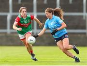 25 June 2022; Jess Tobin of Dublin in action against Sarah Mulvihill of Mayo during the TG4 All-Ireland SFC Group A Round 3 match between Dublin and Mayo at MW Hire O’Moore Park in Portlaoise, Co Laois. Photo by Michael P Ryan/Sportsfile