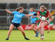 25 June 2022; Sinead Walsh of Mayo in action against Jess Tobin of Dublin during the TG4 All-Ireland SFC Group A Round 3 match between Dublin and Mayo at MW Hire O’Moore Park in Portlaoise, Co Laois. Photo by Michael P Ryan/Sportsfile