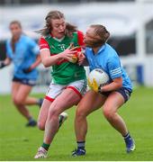 25 June 2022; Hannah Leahy of Dublin in action against Sinead Walsh of Mayo during the TG4 All-Ireland SFC Group A Round 3 match between Dublin and Mayo at MW Hire O’Moore Park in Portlaoise, Co Laois. Photo by Michael P Ryan/Sportsfile
