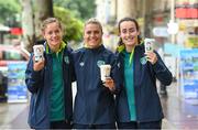 25 June 2022; Republic of Ireland players, from left, Heather Payne, Jamie Finn and Roma McLaughlin pose with their portrait sketched coffee cups from Kvarts Coffee in Tbilisi ahead of their FIFA Women's World Cup 2023 Qualifier match against Georgia on Monday. Photo by Stephen McCarthy/Sportsfile