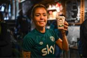 25 June 2022; Republic of Ireland Denise O'Sullivan poses with her portrait sketched coffee cup from Kvarts Coffee in Tbilisi ahead of their FIFA Women's World Cup 2023 Qualifier match against Georgia on Monday. Photo by Stephen McCarthy/Sportsfile