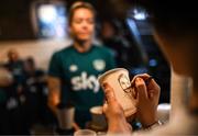 25 June 2022; Republic of Ireland's Denise O'Sullivan poses with her portrait to be sketched on a coffee cup from Kvarts Coffee in Tbilisi ahead of their FIFA Women's World Cup 2023 Qualifier match against Georgia on Monday. Photo by Stephen McCarthy/Sportsfile