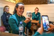 25 June 2022; Republic of Ireland's Roma McLaughlin poses with her portrait sketched coffee cup from Kvarts Coffee in Tbilisi ahead of their FIFA Women's World Cup 2023 Qualifier match against Georgia on Monday. Photo by Stephen McCarthy/Sportsfile