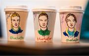 25 June 2022; Sketched coffee cups featuring Republic of Ireland players, from left, Jamie Finn, Saoirse Noonan and Heather Payne at Kvarts Coffee in Tbilisi ahead of their FIFA Women's World Cup 2023 Qualifier match against Georgia on Monday. Photo by Stephen McCarthy/Sportsfile