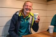 25 June 2022; Republic of Ireland's Courtney Brosnan poses with her portrait sketched coffee cup from Kvarts Coffee in Tbilisi ahead of their FIFA Women's World Cup 2023 Qualifier match against Georgia on Monday. Photo by Stephen McCarthy/Sportsfile
