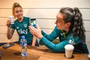 25 June 2022; Republic of Ireland's Denise O'Sullivan poses with her portrait sketched coffee cup from Kvarts Coffee for Roma McLaughlin, right, in Tbilisi ahead of their FIFA Women's World Cup 2023 Qualifier match against Georgia on Monday. Photo by Stephen McCarthy/Sportsfile