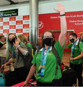 26 June 2022; Special Olympics’ Team Ireland arrived home from Berlin today on Aer Lingus flight EI333 with 14 medals and 6 placement ribbons, won at the 2022 Special Olympics German National Games. Over the past week the team of 11 athletes have given their all and secured medals in all 3 sports they competed in Badminton, Equestrian and Open Water Swimming. These Games are an important steppingstone towards the 2023 World Summer Games which will also take place in Berlin. As official airline of Special Olympics Ireland Aer Lingus ground staff and flight crew were on hand to lend their support in their return journey to Berlin. Rebecca Devlin of Team Ireland pictured at Dublin Airport. Photo by Michael P Ryan/Sportsfile