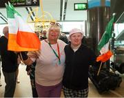 26 June 2022; Special Olympics’ Team Ireland arrived home from Berlin today on Aer Lingus flight EI333 with 14 medals and 6 placement ribbons, won at the 2022 Special Olympics German National Games. Over the past week the team of 11 athletes have given their all and secured medals in all 3 sports they competed in Badminton, Equestrian and Open Water Swimming. These Games are an important steppingstone towards the 2023 World Summer Games which will also take place in Berlin. As official airline of Special Olympics Ireland Aer Lingus ground staff and flight crew were on hand to lend their support in their return journey to Berlin. Supporters of Jacob Mckenna of Team Ireland pictured at Dublin Airport. Photo by Michael P Ryan/Sportsfile