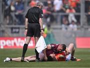 26 June 2022; Shane Walsh of Galway and James Morgan of Armagh tussle off the ball as linesman Fergal Kelly looks on during the GAA Football All-Ireland Senior Championship Quarter-Final match between Armagh and Galway at Croke Park, Dublin. Photo by Piaras Ó Mídheach/Sportsfile