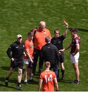 26 June 2022; Referee David Coldrick shows a red card to Aidan Nugent of Armagh and Seán Kelly of Galway before the start of extra time of the GAA Football All-Ireland Senior Championship Quarter-Final match between Armagh and Galway at Croke Park, Dublin. Photo by Daire Brennan/Sportsfile