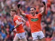 26 June 2022; Niall Rowland of Armagh, celebrates after his side's third goal, scored by Rory Grugan, not pictured, during the GAA Football All-Ireland Senior Championship Quarter-Final match between Armagh and Galway at Croke Park, Dublin. Photo by Piaras Ó Mídheach/Sportsfile