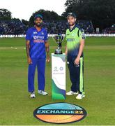 26 June 2022; Team captains Andrew Balbirnie of Ireland and Hardik Pandya of India before the LevelUp11 First Men's T20 International match between Ireland and India at Malahide Cricket Club in Dublin. Photo by Ramsey Cardy/Sportsfile