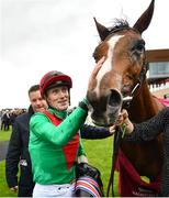 26 June 2022; Jockey Billy Lee with La Petite Coco after winning the Alwasmiyah Pretty Polly Stakes during day three of the Dubai Duty Free Irish Derby Festival at The Curragh Racecourse in Kildare. Photo by David Fitzgerald/Sportsfile