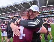 26 June 2022; Galway manager Padraic Joyce celebrates with Damien Comer after their side's victory in the penalty shoot-out of the GAA Football All-Ireland Senior Championship Quarter-Final match between Armagh and Galway at Croke Park, Dublin. Photo by Piaras Ó Mídheach/Sportsfile