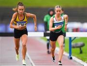 26 June 2022; Michelle Finn of Leevale AC, Cork, left and Aine Burke of St Coca's AC, Kildare, competing in the women's 3000m steeplechase during day two of the Irish Life Health National Senior Track and Field Championships 2022 at Morton Stadium in Dublin. Photo by George Tewkesbury/Sportsfile