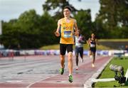 26 June 2022; Darragh McElhinney of UCD AC, Dublin, celebrates winning the men's 5000m  during day two of the Irish Life Health National Senior Track and Field Championships 2022 at Morton Stadium in Dublin. Photo by Sam Barnes/Sportsfile