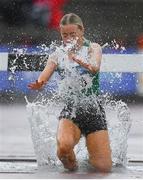 26 June 2022; Aine Burke of St Coca's AC, Kildare, falls while competing in the women's 3000m steeplechase during day two of the Irish Life Health National Senior Track and Field Championships 2022 at Morton Stadium in Dublin. Photo by George Tewkesbury/Sportsfile