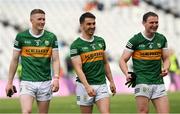 26 June 2022; Kerry players, from left, Jason Foley, Brian Ó Beaglaíoch and Tadhg Morley, leave the field after the GAA Football All-Ireland Senior Championship Quarter-Final match between Kerry and Mayo at Croke Park. Photo by Ray McManus/Sportsfile