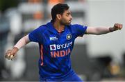 26 June 2022; Bhuvneshwar Kumar of India during the LevelUp11 First Men's T20 International match between Ireland and India at Malahide Cricket Club in Dublin. Photo by Ramsey Cardy/Sportsfile
