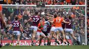 26 June 2022; The hands of Armagh's Niall Rowland just beat his team mate Rory Grugan to score a goal, in the 11th minute of extra time, during the GAA Football All-Ireland Senior Championship Quarter-Final match between Armagh and Galway at Croke Park, Dublin. Photo by Ray McManus/Sportsfile