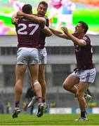 26 June 2022; Matthew Tierney of Galway, left, celebrates with teammates Paul Conroy and Owen Gallagher after their side's victory in the penalty shoot-out of the GAA Football All-Ireland Senior Championship Quarter-Final match between Armagh and Galway at Croke Park, Dublin. Photo by Piaras Ó Mídheach/Sportsfile