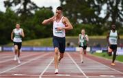 26 June 2022; Christopher O'Donnell of North Sligo AC, celebrates winning the men's 400m  during day two of the Irish Life Health National Senior Track and Field Championships 2022 at Morton Stadium in Dublin. Photo by Sam Barnes/Sportsfile