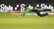 26 June 2022; Ireland wicketkeeper Lorcan Tucker during the LevelUp11 First Men's T20 International match between Ireland and India at Malahide Cricket Club in Dublin. Photo by Ramsey Cardy/Sportsfile