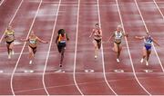 26 June 2022; Rhasidat Adeleke of Tallaght AC, Dublin, third from left, on her way to winning  the women's 100m, ahead Molly Scott of St Laurence O'Toole AC, Carlow, far right, who finished second, and Joan Healy of Leevale AC, Cork, second from left, who finished third, during day two of the Irish Life Health National Senior Track and Field Championships 2022 at Morton Stadium in Dublin. Photo by Sam Barnes/Sportsfile