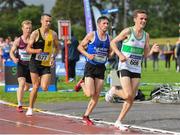 26 June 2022; Stephen Fay of Raheny Shamrock AC, Dublin, right, Gary Crummy of Newry AC, Down, Gerry Forde of Kilkenny City Harriers AC, Kilkenny, Jack Moran of Mullingar Harriers AC, Westmeath, left, competing in the men's 5000m during day two of the Irish Life Health National Senior Track and Field Championships 2022 at Morton Stadium in Dublin. Photo by George Tewkesbury/Sportsfile