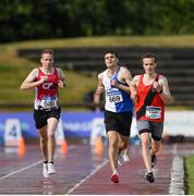26 June 2022; James Hayes of Cork Track Club, Cork, left, Barry Mooney of Tullamore Harriers AC, Offaly, and Alex O'Brien of Lucan Harriers AC, Dublin, right, competing in the men's 5000m during day two of the Irish Life Health National Senior Track and Field Championships 2022 at Morton Stadium in Dublin. Photo by George Tewkesbury/Sportsfile
