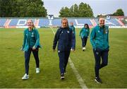 27 June 2022; Republic of Ireland players, from left, Jessie Stapleton, Grace Moloney and Megan Walsh before the FIFA Women's World Cup 2023 Qualifier match between Georgia and Republic of Ireland at Tengiz Burjanadze Stadium in Gori, Georgia. Photo by Stephen McCarthy/Sportsfile