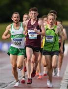 26 June 2022; Jamie Battle of Mullingar Harriers AC, Westmeath, centre, leading Kieran Kelly of Raheny Shamrock AC, Dublin, left, and David Scanlon of Rathfarnham WSAF AC, Dublin, right, competing in the men's 5000m during day two of the Irish Life Health National Senior Track and Field Championships 2022 at Morton Stadium in Dublin. Photo by George Tewkesbury/Sportsfile