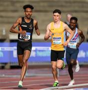 26 June 2022; Efrem Gidey of Clonliffe Harriers AC, Dublin, left, leading Darragh McElhinney of UCD AC, Dublin, and Hiko Haso Tonosa of Dundrum South Dublin AC, Dublin, left, while competing in the men's 5000m in the men's 5000m during day two of the Irish Life Health National Senior Track and Field Championships 2022 at Morton Stadium in Dublin. Photo by George Tewkesbury/Sportsfile