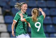 27 June 2022; Louise Quinn of Republic of Ireland, left, celebrates with team mate Amber Barrett after scoring their side's fifth goal during the FIFA Women's World Cup 2023 Qualifier match between Georgia and Republic of Ireland at Tengiz Burjanadze Stadium in Gori, Georgia. Photo by Stephen McCarthy/Sportsfile