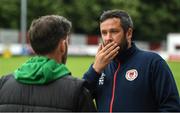 27 June 2022; St Patrick's Athletic manager Tim Clancy speaks to Shamrock Rovers manager Stephen Bradley before the SSE Airtricity League Premier Division match between St Patrick's Athletic and Shamrock Rovers at Richmond Park in Dublin. Photo by George Tewkesbury/Sportsfile