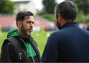 27 June 2022; Shamrock Rovers manager Stephen Bradley speaks to St Patrick's Athletic manager Tim Clancy before the SSE Airtricity League Premier Division match between St Patrick's Athletic and Shamrock Rovers at Richmond Park in Dublin. Photo by George Tewkesbury/Sportsfile