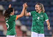 27 June 2022; Louise Quinn of Republic of Ireland, right, celebrates with team mate Niamh Fahey after scoring their side's sixth goal during the FIFA Women's World Cup 2023 Qualifier match between Georgia and Republic of Ireland at Tengiz Burjanadze Stadium in Gori, Georgia. Photo by Stephen McCarthy/Sportsfile