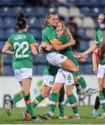 27 June 2022; Katie McCabe of Republic of Ireland, centre, celebrates with team mate Megan Connolly, right, after scoring her third and her side's seventh goal during the FIFA Women's World Cup 2023 Qualifier match between Georgia and Republic of Ireland at Tengiz Burjanadze Stadium in Gori, Georgia. Photo by Stephen McCarthy/Sportsfile