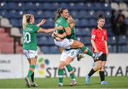 27 June 2022; Katie McCabe of Republic of Ireland, centre, celebrates with team mates Megan Connolly, right, and Denise O'Sullivan after scoring her third and her side's seventh goal during the FIFA Women's World Cup 2023 Qualifier match between Georgia and Republic of Ireland at Tengiz Burjanadze Stadium in Gori, Georgia. Photo by Stephen McCarthy/Sportsfile